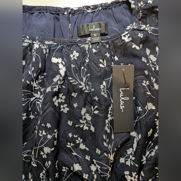 Lulu's Navy Blue Floral Chiffon Smocked Ruffle Too Cute Long Sleeve Mini Dress - Picture 14 of 16